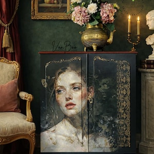 May include: A black cabinet with a portrait of a woman on the doors, accented with gold trim and feet. The cabinet is topped with a gold vase of flowers. The word "Von Boo" is written on the cabinet.