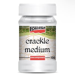 May include: A clear plastic jar with a white lid, labeled "pentart crackle medium." The label has a green and brown design with the words "one component" and "100" printed on it. The jar contains a white substance.