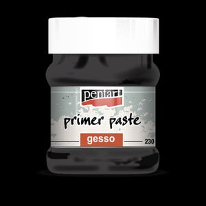 May include: A jar of Pentart primer paste gesso with a white screw-top lid. The label features a grey background with the brand name Pentart in a red box, the text primer paste in black, and the word gesso in a red box with the number 230.