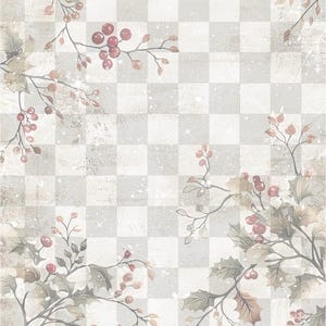 May include: A digital background pattern featuring a light gray and white checkered grid overlaid with illustrations of holly branches, green leaves, and clusters of red berries, accented by subtle white specks resembling falling snow.
