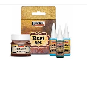 May include: Rust effect set with three bottles of reagent and a jar of rust effect powder. The bottles are labeled "Rust Effect Reagent" in blue, brown, and yellow. The jar is labeled "Rust Effect Powder".