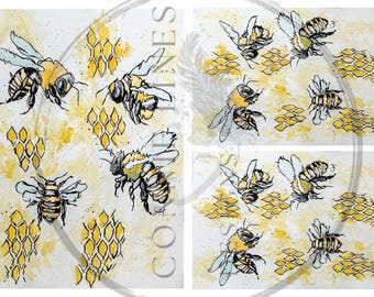 A4 *NUEVO 2025 / Abejas ocupadas Escenas múltiples / Papel de arroz para decoupage / Tamaño 8.5"x11.7" / Diseños de Connie /