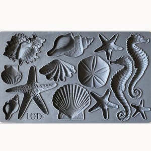May include: A gray silicone mold with 12 different sea-themed shapes, including starfish, seashells, and seahorses. The mold is labeled "IOD".