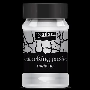 May include: A white jar with a black lid and a black label. The label says "pentart cracking paste metallic".