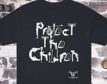 May include: Black t-shirt with a white graphic that says "Protect the Children" with various weapons and tools forming the letters. The graphic also includes a small logo that says "Old World Order".