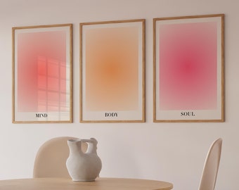 Aura Poster Mind Body Soul Set of 3 Prints Spiritual Wall Art Digital Download Pink Orange Poster Set Trendy Prints Set Aesthetic Room Decor