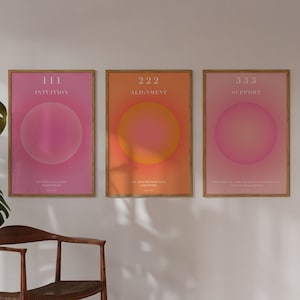 Angel Number Poster Set 111, 222, 333 Printable Wall Art Pink Aura Poster Set of 3 Gradient Print Trendy Spiritual Wall Art Digital Download
