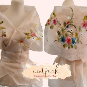 Hand painted design Filipiniana Wraparound Panuelo Alampay made of Piña Organza Free shipping