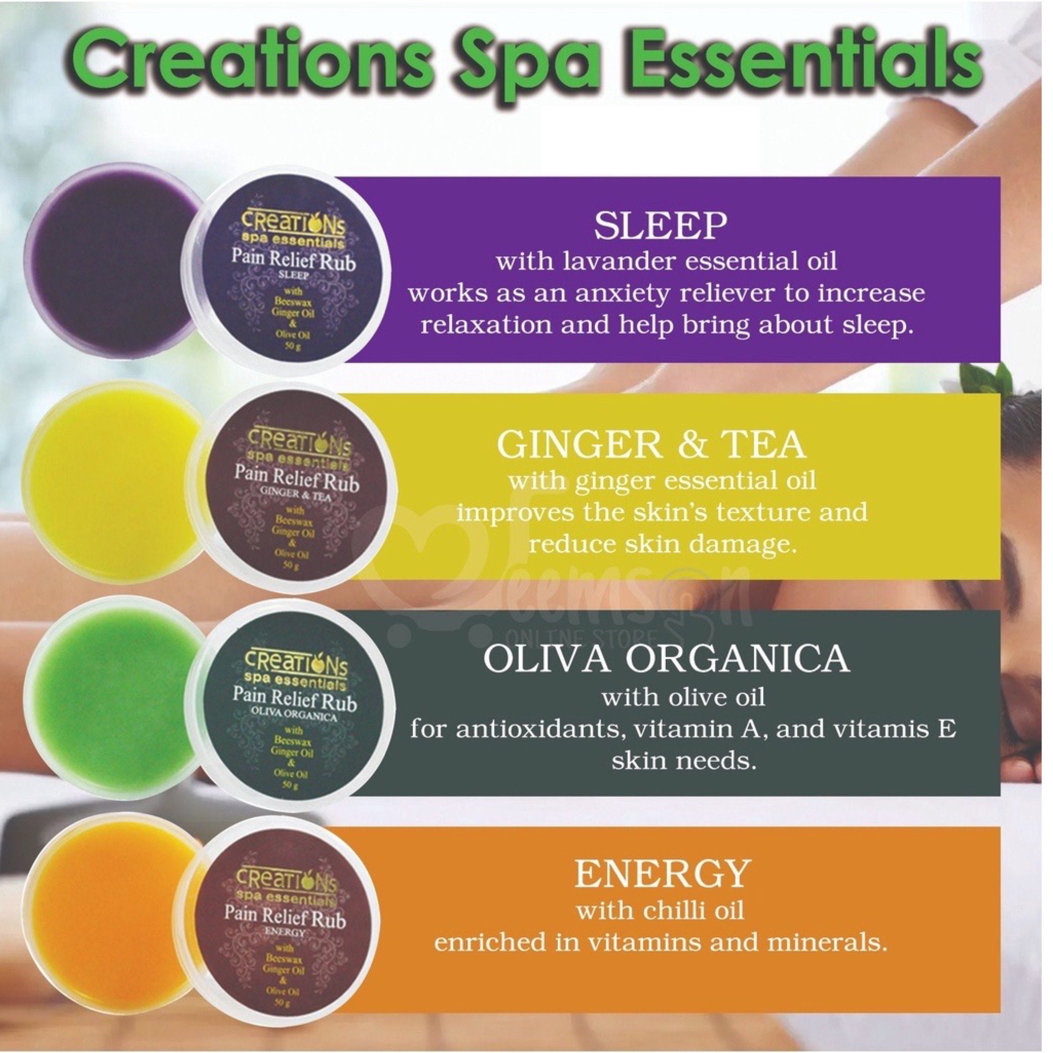 Creations Spa Essentials Massage and Pain Relief Rub 50g Available in  Lavender, Olive, Ginger and Orange Scents 