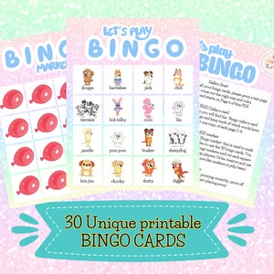 30 Unique Bluey Bingo Cards - Birthday Party Games, Preschool, Kindergarten activity PDF Printable File Instant Download