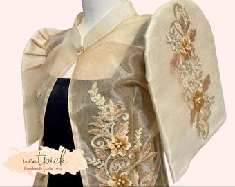 Filipiniana Piña Organza Bolero: Lace Appliqué Mestiza Sleeves