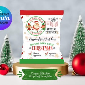 Christmas Santa North Pole Special Delivery Chip Bag Party Favor Template | Canva Editable Template | Instant Download