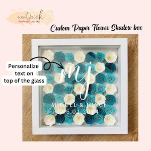 Custom Teal colored paper flowers on 9&quot; Shadow Box Personalized Wedding Baby Baptism Birthday Appreciation Graduation gift Free Shipping