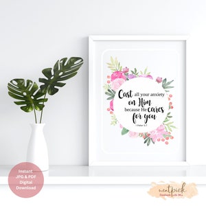 1 Peter 5:7 Bible verse Printable Wall Art Spring Home Decor Pink Peony flower watercolor Christian Printable Gift Bible Quotes Digital file