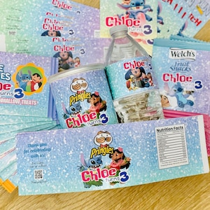 Custom Personalized Li-lo & Stitch Birthday theme Ultimate Birthday Party favor bundle theme for snack or candy wrapper labels Shipped