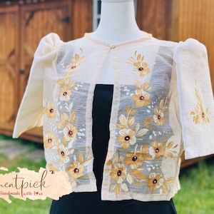 Hand-Painted Filipiniana Bolero: Beige Floral Piña Organza, Mestiza Sleeves