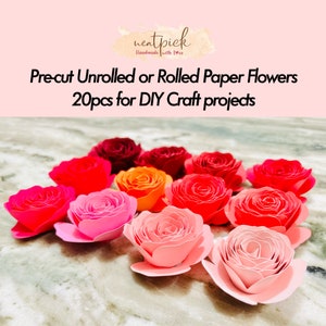 Choix de 20 fleurs en papier prédécoupées, déroulées ou roulées pour projets de bricolage. Disponible en 30 motifs floraux et 3 tailles