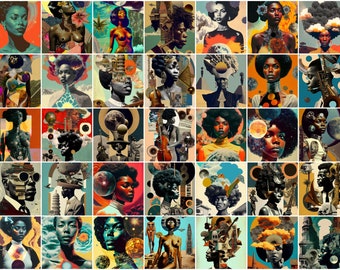 35 Piece Surreal Afrocentric Collage Kit, Printable Black Culture Wall Art, Digital Download