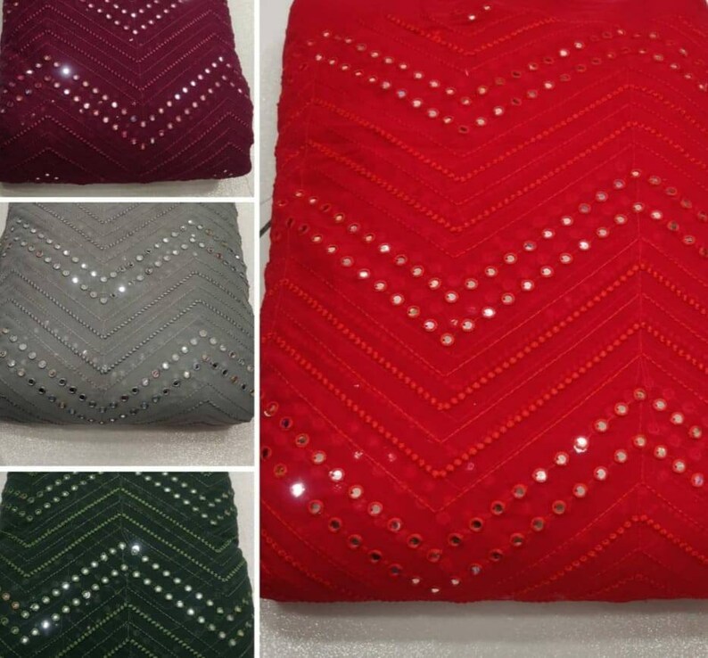 Beautiful Navy Blue Mirror Work Embroidery Fabric, Indian