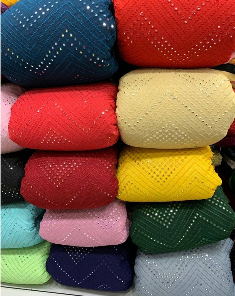 Beautiful Navy Blue Mirror Work Embroidery Fabric, Indian