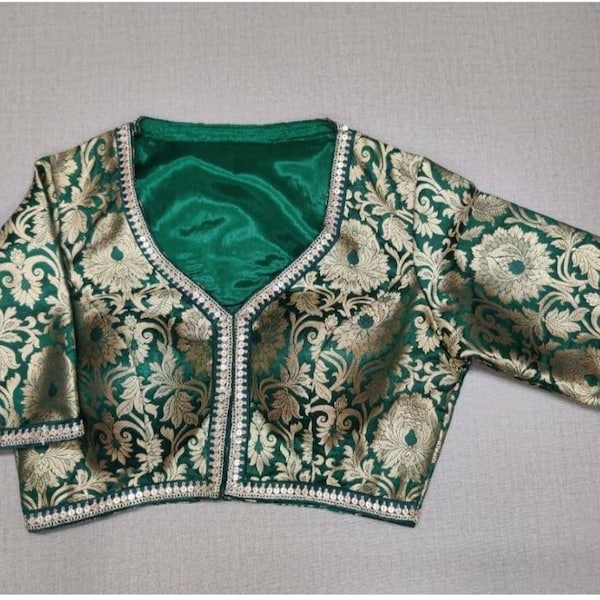 Green Banarasi Brocade Blouse In Short Sleeves and Indian Blouse Saree Blouse Lehanga Blouse wedding Blouse,All Available...