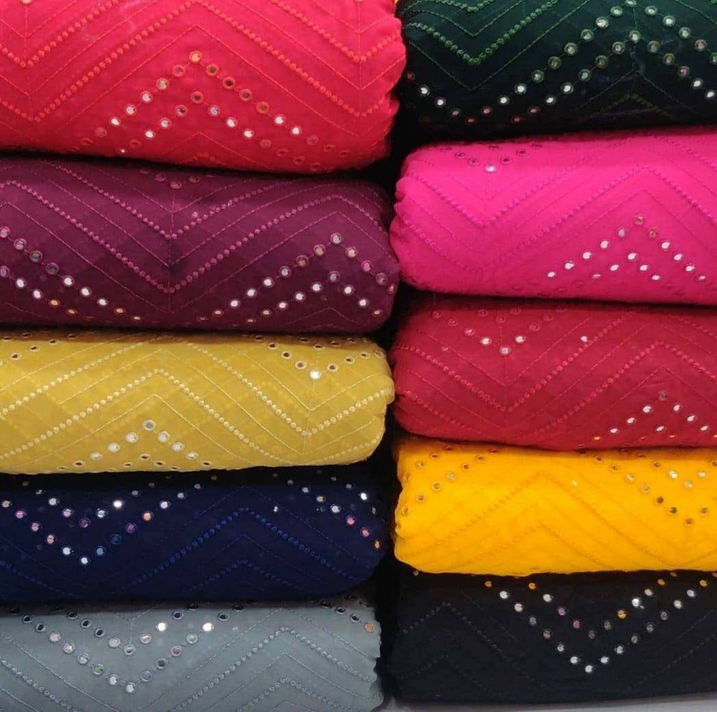 Beautiful Navy Blue Mirror Work Embroidery Fabric, Indian