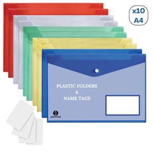 May include: A collection of ten A4 plastic folders in red, white, green, yellow, and blue. Each folder has a press stud closure and a label area. The folders are labelled "PLASTIC FOLDERS & NAME TAGS". Includes white name tags.