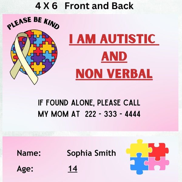 Autism ID Card, Autism Name Tag, Autism Emergency ID, Autism Safety Tag, Autism Medical Alert Tag, Non verbal Tag, Help Tag Digital Download
