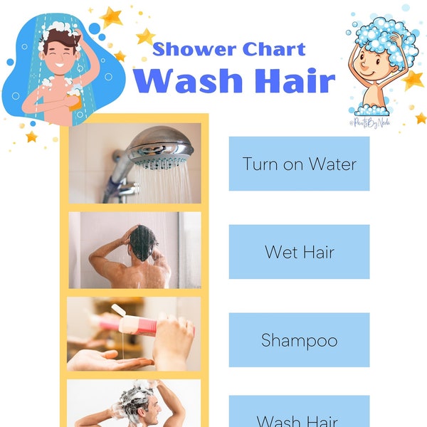 Shower Sequence Washing Hair, Visual Support Washing Head, Shower Visual Sequence, Autism Visual Support, Wash Hair on Head, Shower Routine