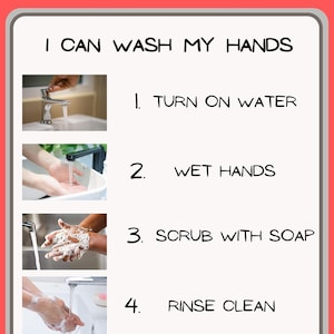 Handwasvolgordeschema met echte foto's, ik kan mijn handen wassen, 5-stappenreeksfoto's en schriftelijke instructies, ABA Autismestrategieën