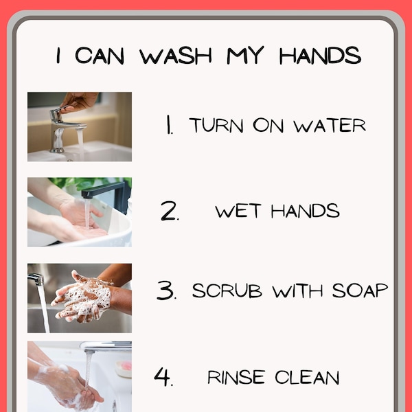 Hand Washing Sequence Chart with Real Photos, I Can Wash My Hands, 5-Step Sequence Pictures and Written Instructions, ABA Autism Strategies