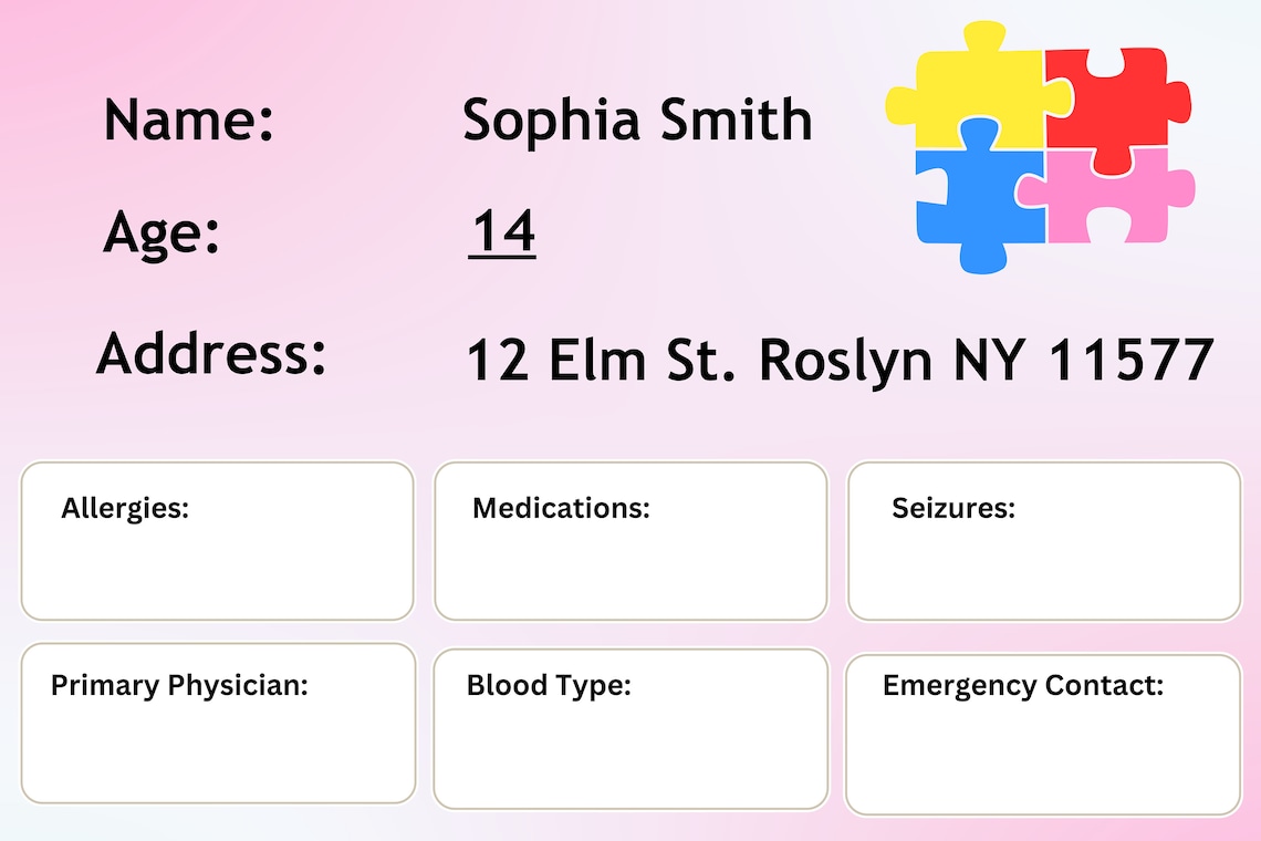 Autism ID Card, Autism Name Tag, Autism Emergency ID, Autism Safety Tag