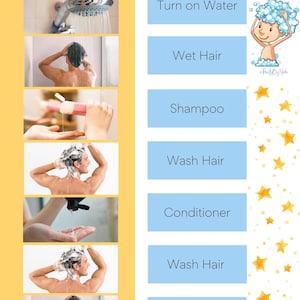 Shower Sequence Washing Hair, Visual Support Washing Head, Shower Visual Sequence, Autism Visual Support, Wash Hair on Head, Shower Routine