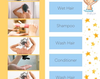 Shower Sequence Washing Hair, Visual Support Washing Head, Shower Visual Sequence, Autism Visual Support, Wash Hair on Head, Shower Routine