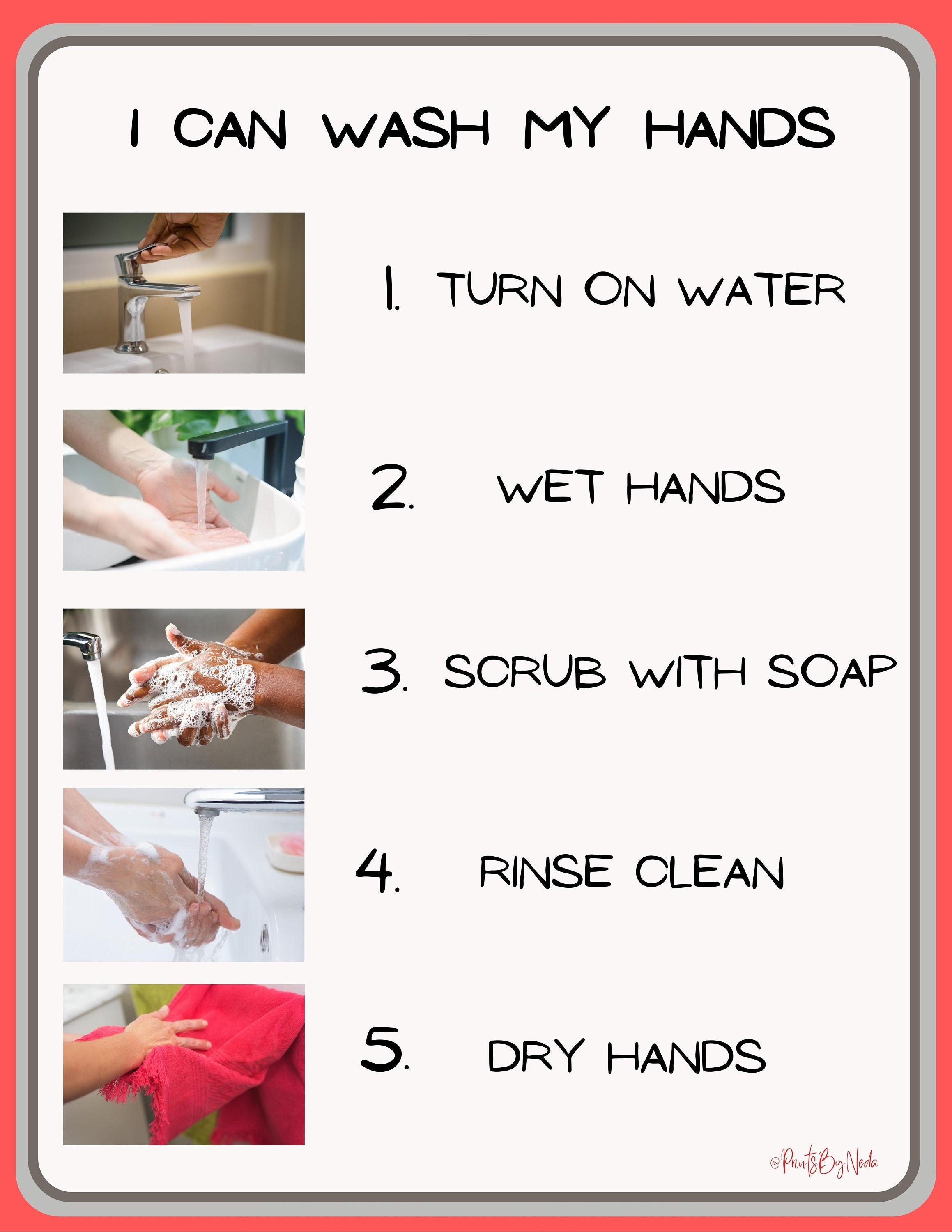 Hand Washing Sequence Chart with Real Photos, I Can Wash My Hands, 5-Step Sequence Pictures and Written Instructions, ABA Autism Strategies