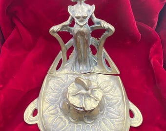 1920’s Art Deco Nouveau Style Gilded Inkwell Bare Breasted Woman Goddess