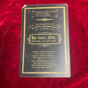 Funeral Remembrance Card of Miss Bessie L. White, Died October 18, 1891 Aged 15 Years Antique cabinet card