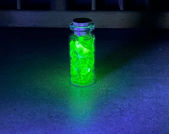 Crushed Uranium Glass in a 2” cork topped jar