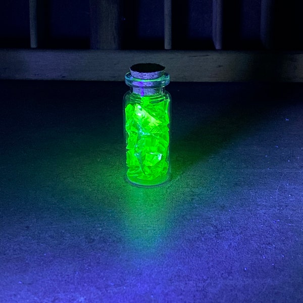 Crushed Uranium Glass in a 2” cork topped jar