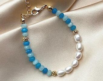 Bracciale di perle, gioielli con perle barocche d'acqua dolce e pietre preziose di agata naturale, eleganza quotidiana, regalo per lei