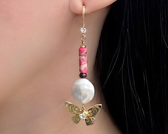 Orecchini pendenti con perle barocche, gioielli pendenti a farfalla placcati in oro per sposa, regalo per lei