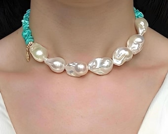 Collana di perle barocche spesse, girocollo con pietra preziosa di tormalina turchese, elegante perla d'acqua dolce, regalo per lei