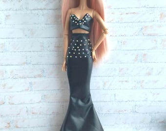 Doll Outfit, black faux leather skirt and top fit for tall Fashion dolls 1/6 scale,12 inches,32 cm, doll clothes