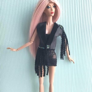 Doll black clothing genuine leather vest and lace dress fit for Fashion dolls 1/6 scale, 11,5-12 inches, 29-32 cm, doll outfit gown