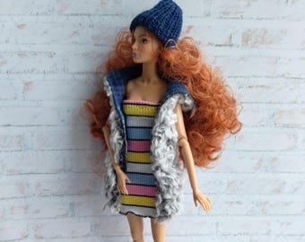 Completo per bambola da 3 pezzi: gilet, vestito e cappello in pelliccia sintetica, adatto a bambole alla moda in scala 1/6, 11,5-12 pollici, 29-32 cm, abbigliamento autunno/inverno per bambole.