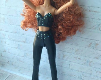 Doll Outfit, black faux leather pants and top fit for Fashion dolls 1/6 scale, 11,5-12 inches, 29-32 cm, doll clothes suit