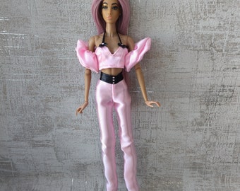 Doll's outfit, pink satin suit, pants and top fit for Fashion dolls 1/6 scale, 11.5-12 inches, 29-32 cm, doll clothes