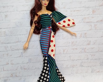 Doll&#39;s outfit, long geometric print dress fit for tall Fashion 1/6 scale dolls, 11.5-12 inches, 29-32 cm, doll clothes,mermaid doll dress