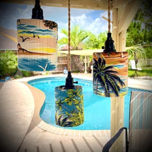 Vintage Tiki Bar Lights 3 Swag Light Set Diamond Head Hawaii Seagulls, Waves & Coconut Palms