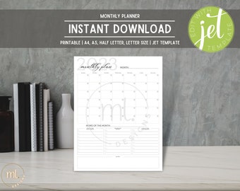 Planificador de Calendario Mensual / Planificador Imprimible / Descarga Instantánea / A4, A5, Media Carta y Tamaño Carta / Plantilla de Calendario